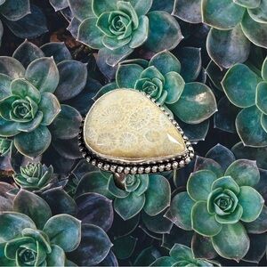 🌵Artisan Fossil Coral Silver Ring/Cream Stone